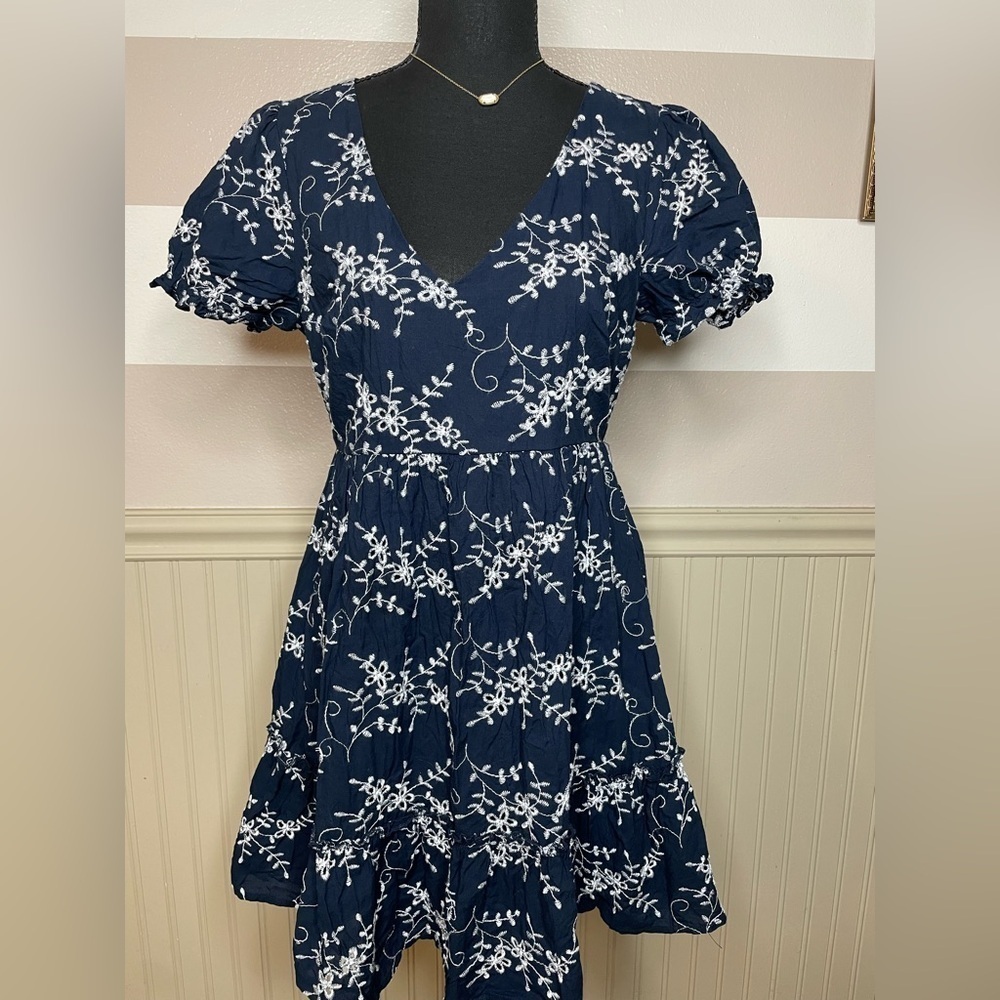 Elegant Navy Blue Floral Mini Dress 100% cotton - Picture 2 of 14